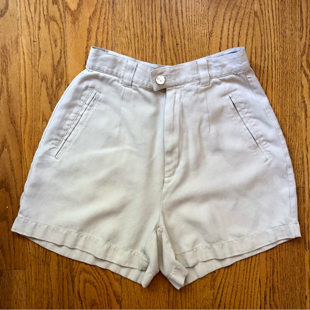vintage high waisted silk shorts, ivory cream shirts, size 2p 24” tommy bahama